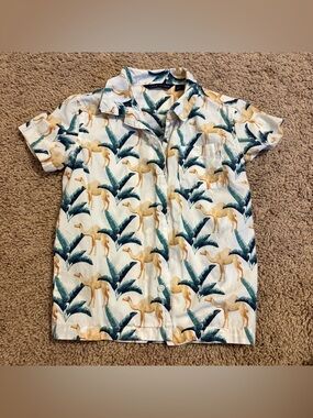 Janie and Jack White Short Sleeve Button-Down Camels & Green Leaf Print size 4
